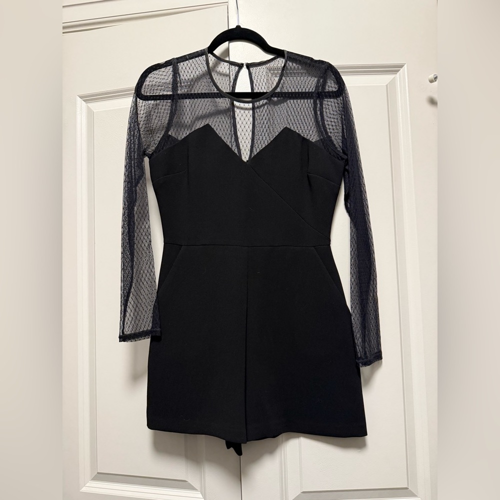 BCBGeneration Black Short Romper, Mesh long sleeve w/ Pockets